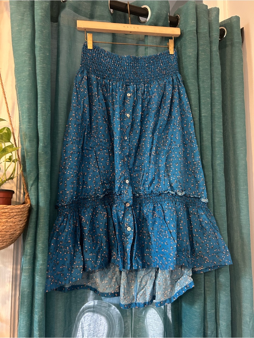 Hatch blue Floral Tiered Button-Front Midi Skirt